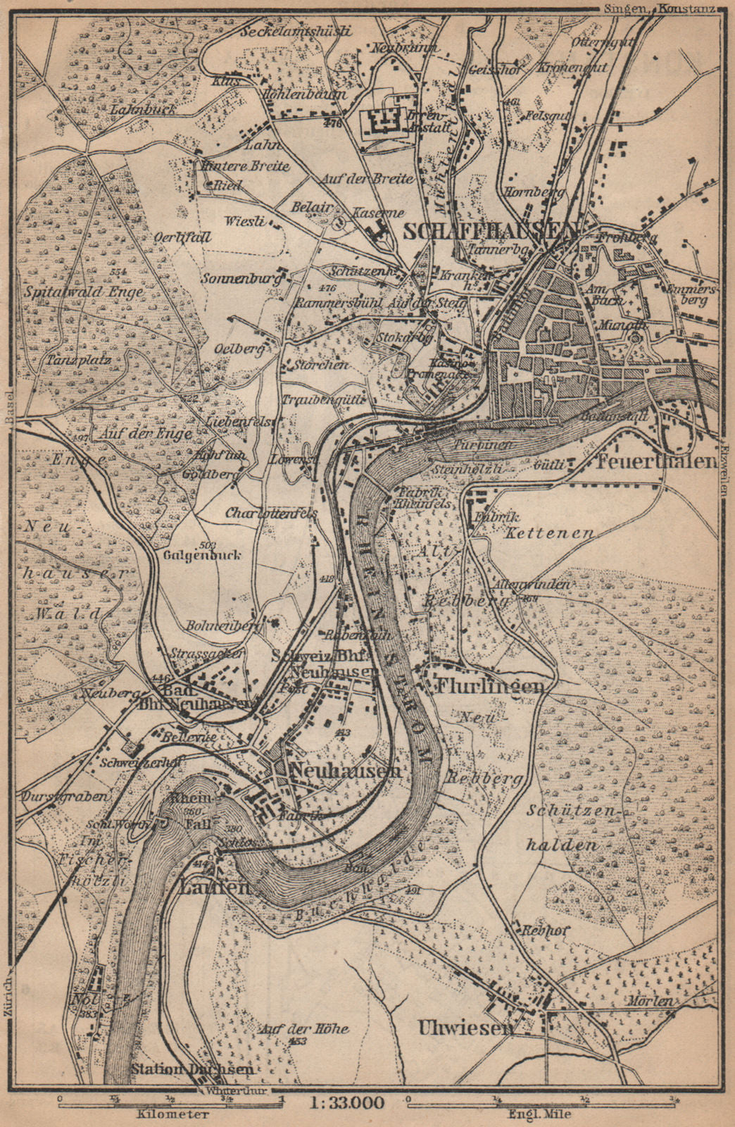 SCHAFFHAUSEN environs. Flurlingen Feuerthalen Neuhausen. Schweiz 1907 old map